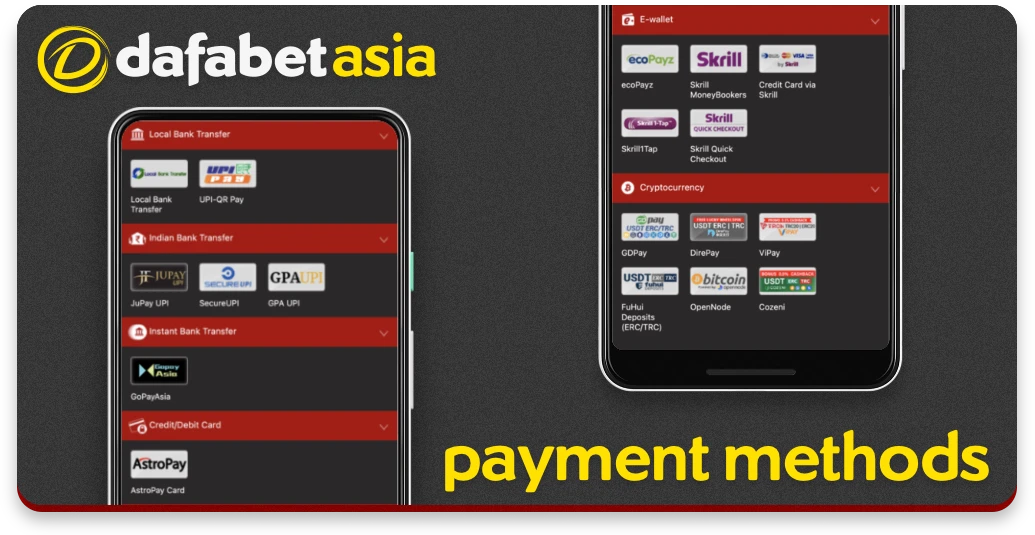 List of available payment methods in Dafabet app